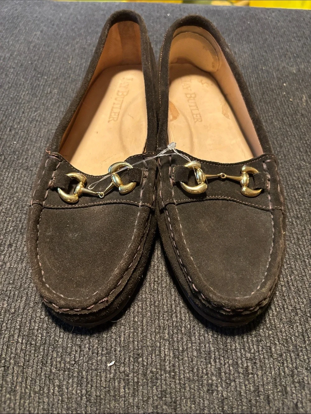 Anne Klein Dark Brown Suede Loafers with Gold Hardware